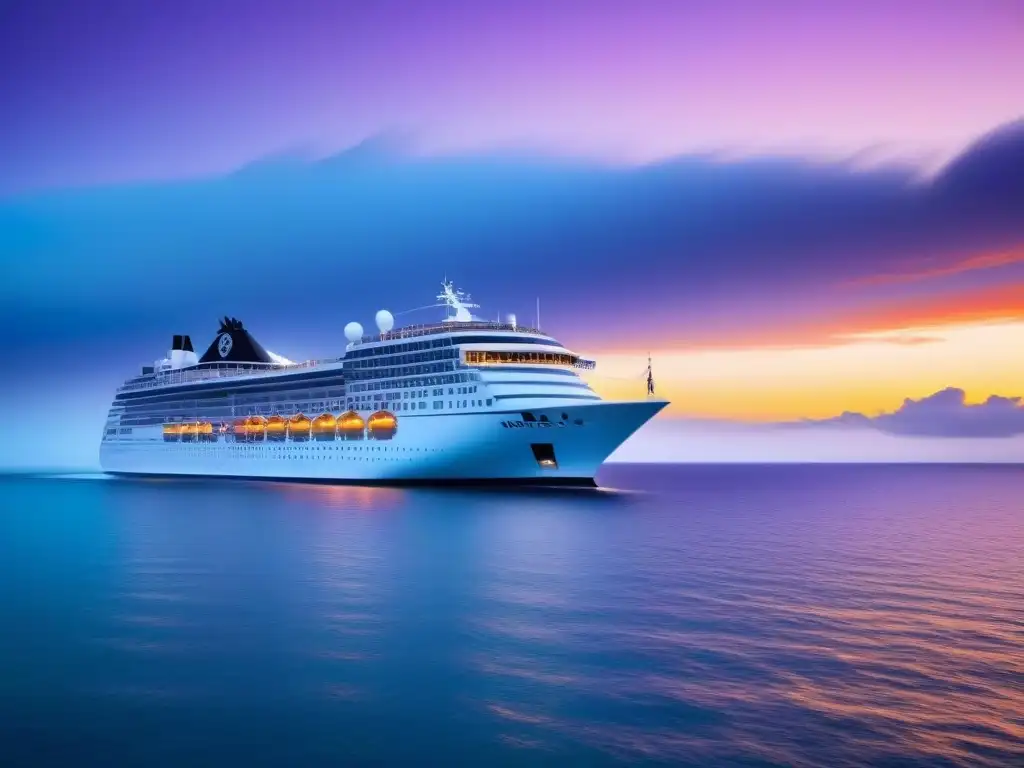 Un crucero de lujo navegando al atardecer en un mar sereno, bajo un cielo pintado en tonos naranja, rosa y morado