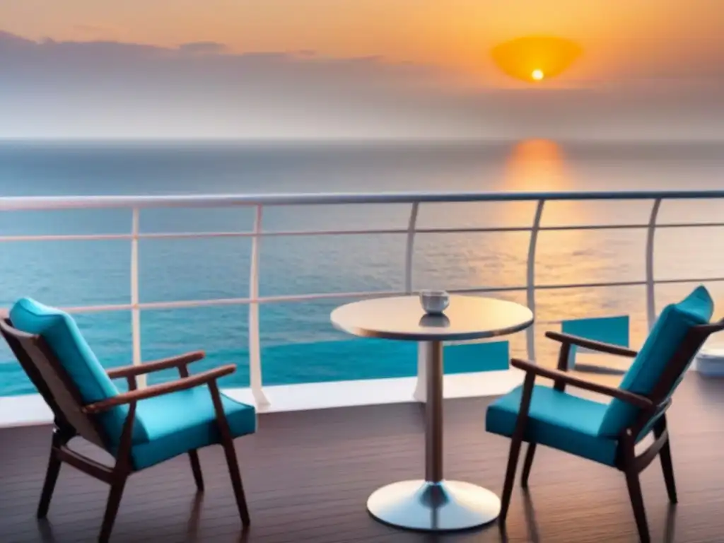 Un crucero de lujo al atardecer, con una mesa elegante para dos personas en la cubierta, reflejando seguridad en cruceros de lujo