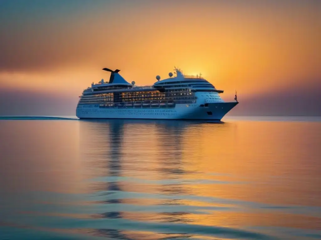 Un crucero de lujo navegando al atardecer, reflejando oro en el mar tranquilo, con gaviotas