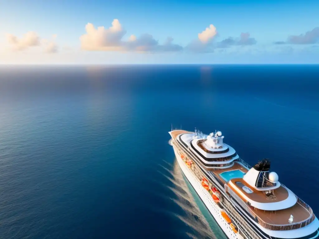 Un crucero de lujo navegando al atardecer en el Caribe, con pasajeros elegantes disfrutando de beneficios