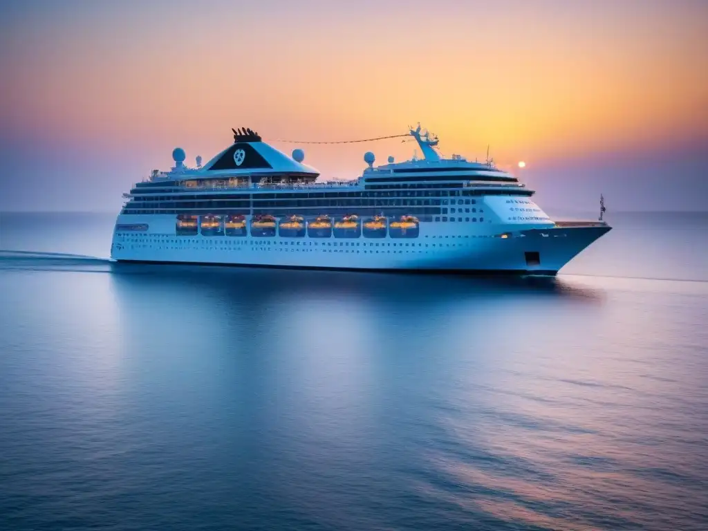 Un crucero de lujo navegando bajo un atardecer pastel, reflejando seguridad y tranquilidad