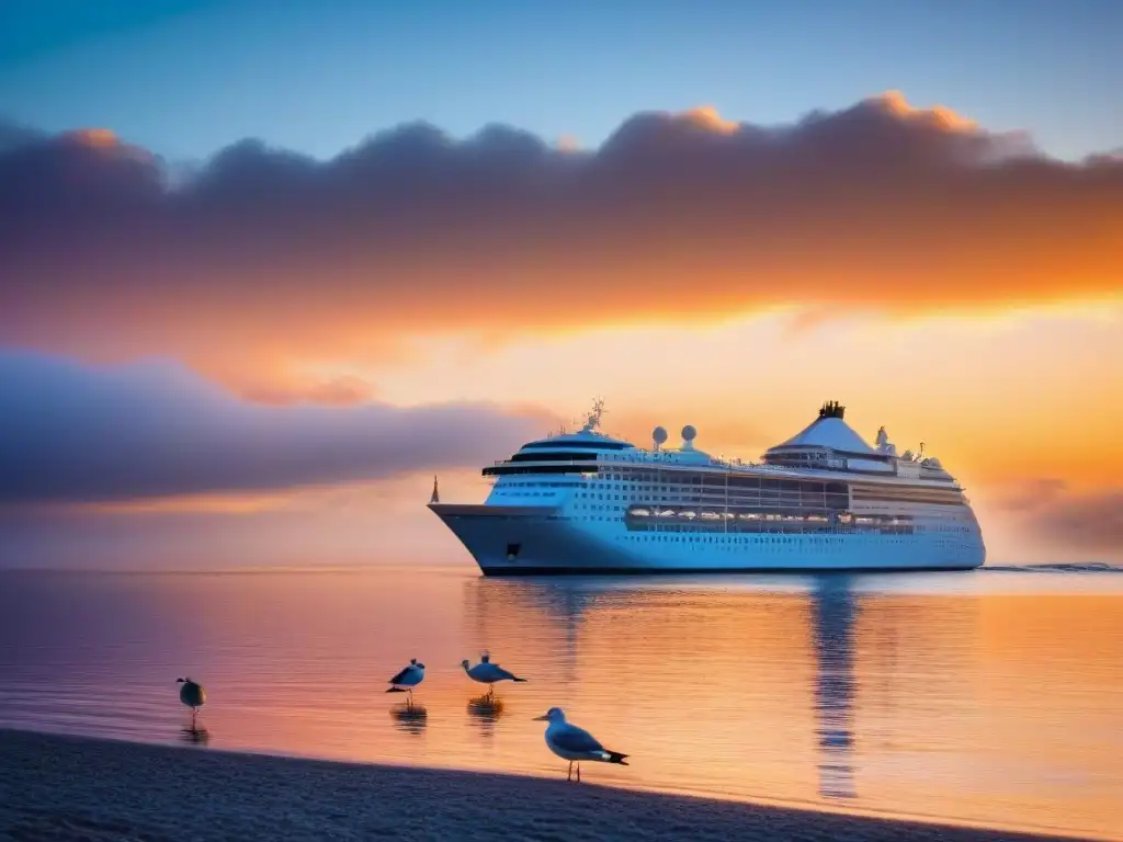 Un crucero de lujo al atardecer, reflejado en el mar tranquilo mientras gaviotas vuelan