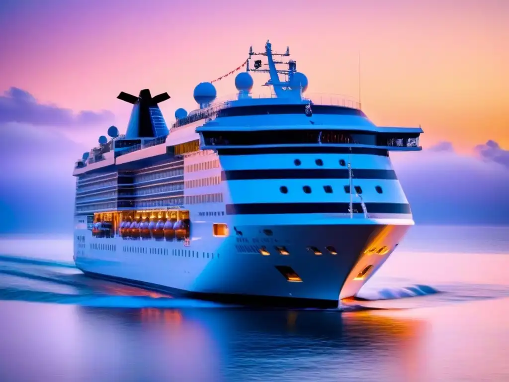 Un crucero de lujo en un atardecer sereno con un cielo colorido