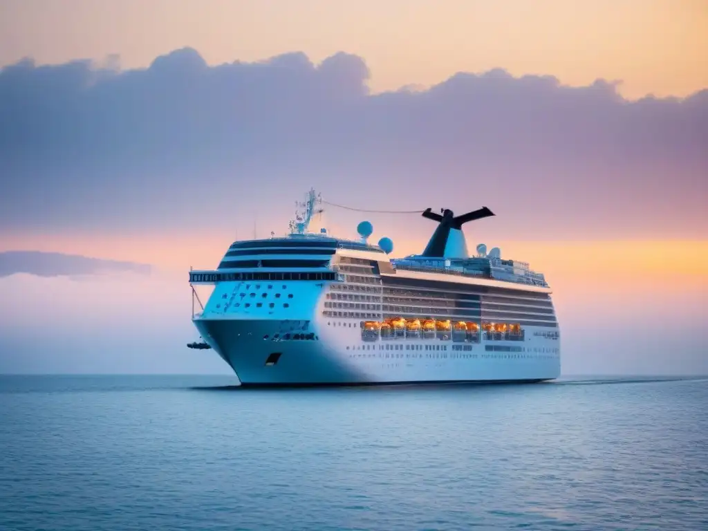 Un crucero de lujo al atardecer, con un suave resplandor dorado en el mar tranquilo