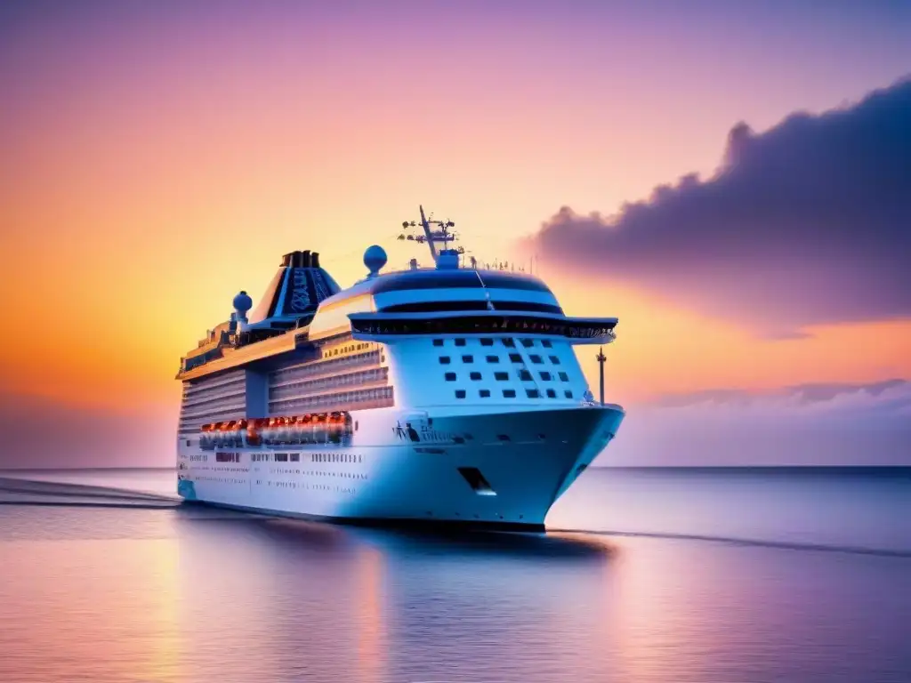 Un crucero de lujo al atardecer, reflejando tonos naranjas y rosados en el mar