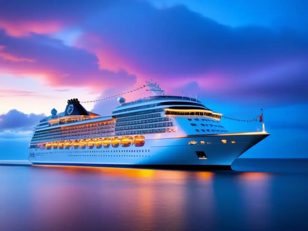 Un crucero de lujo al atardecer, con tonos naranjas y rosados reflejándose en el mar tranquilo