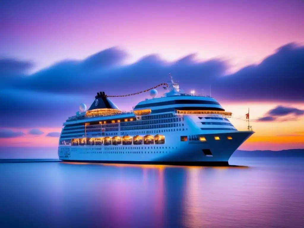 Un crucero de lujo al atardecer, reflejando tonos naranjas y rosados en el mar tranquilo