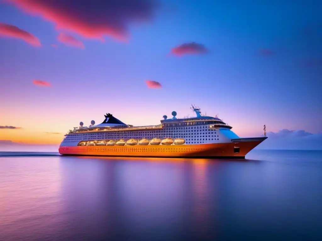 Un crucero de lujo al atardecer con tonos anaranjados y rosados reflejados en el mar, exudando elegancia