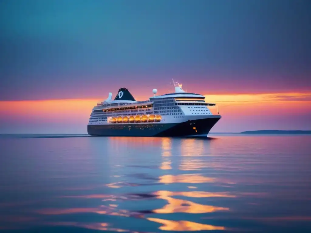 Un crucero de lujo navega hacia un atardecer vibrante, reflejando serenidad en el agua