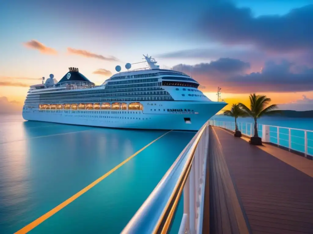 Un crucero de lujo atracado en un puerto tropical al atardecer, reflejando elegancia y relajación