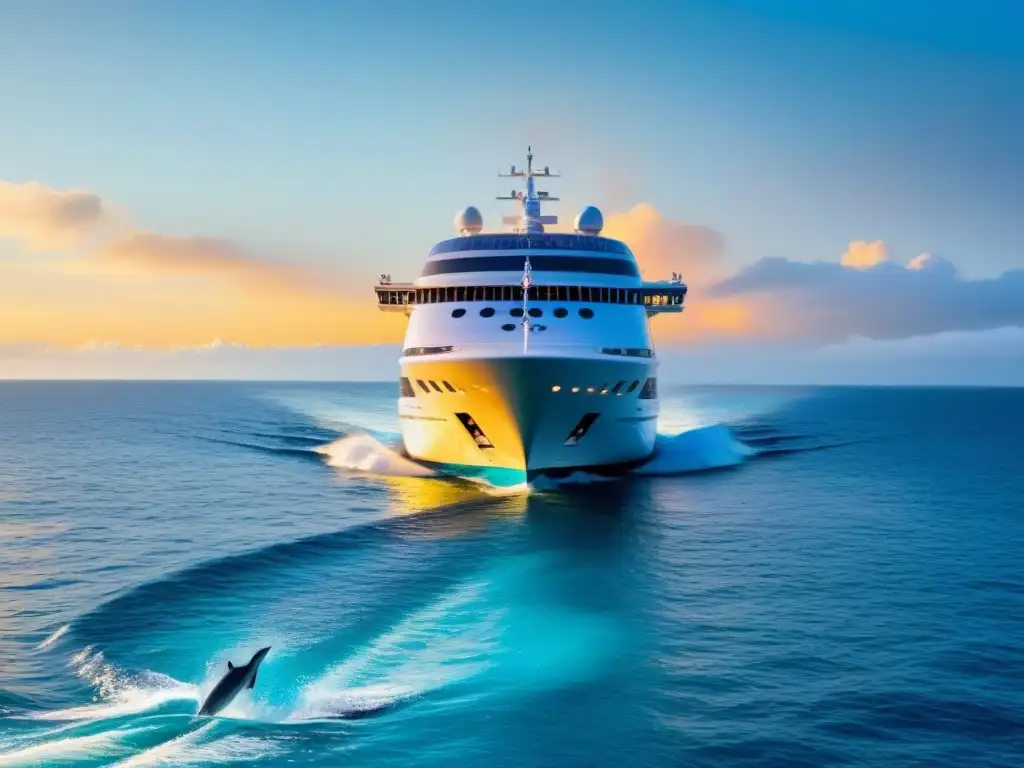 Crucero de lujo con avances tecnología navegando en aguas turquesas al atardecer con delfines