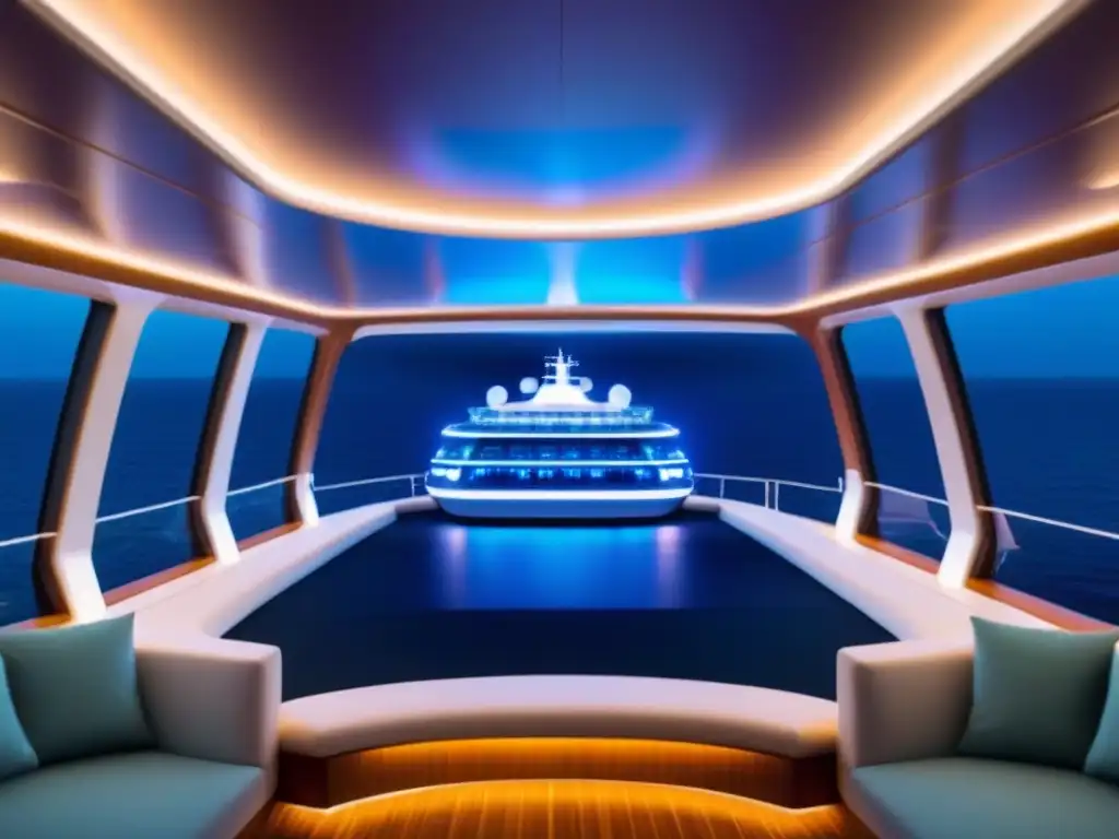 Crucero de lujo con avanzada tecnología y diseño futurista navegando bajo un cielo estrellado