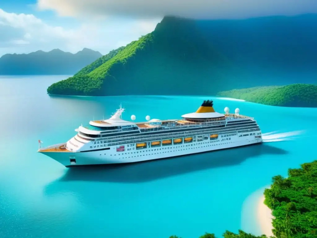 Un crucero de lujo en una bahía turquesa con exuberante vegetación tropical