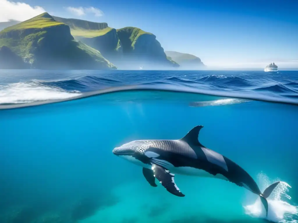 Crucero de lujo y ballenas majestuosas en aguas turquesas, destacando la protección de especies marinas en viajes de lujo