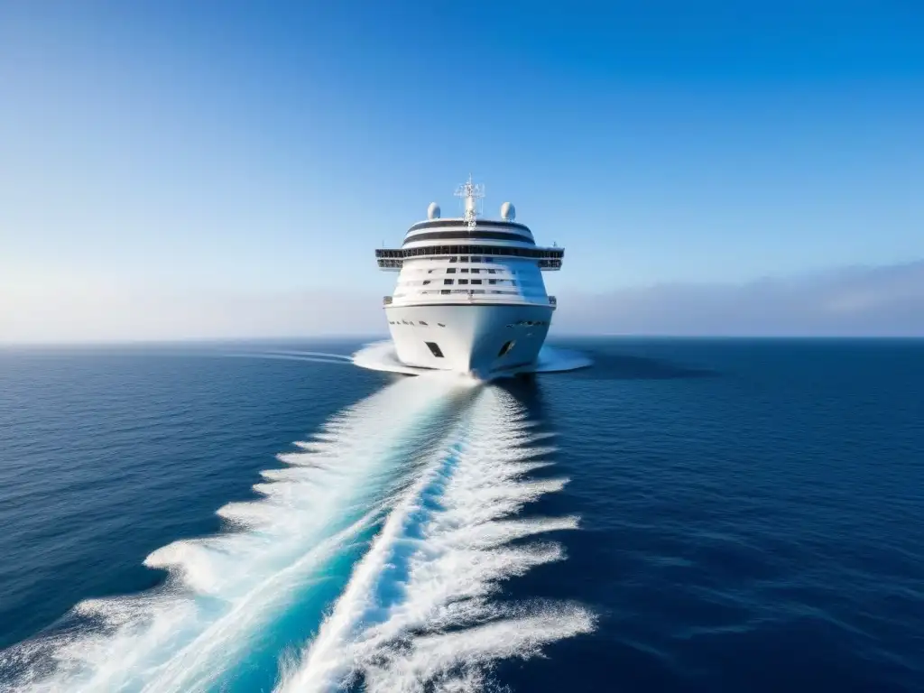 Un crucero de lujo blanco navegando en aguas tranquilas bajo un cielo azul despejado, transmitiendo serenidad y elegancia