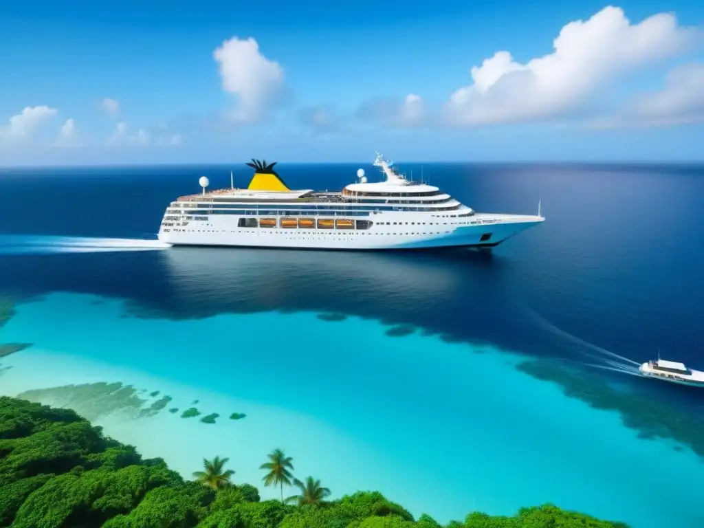 Un crucero de lujo blanco navegando entre aguas turquesa, islas tropicales y arrecifes de coral, en armonía con la naturaleza