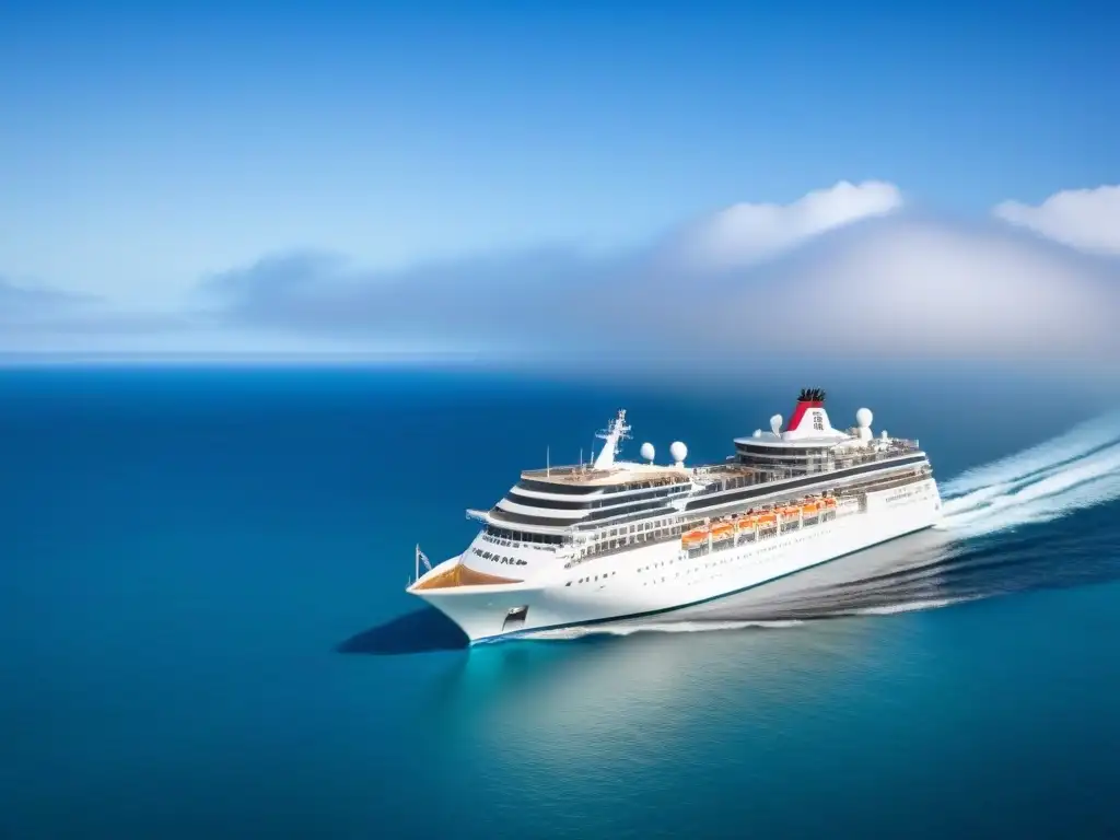 Un crucero de lujo blanco navega elegante en aguas turquesas bajo un cielo azul vibrante