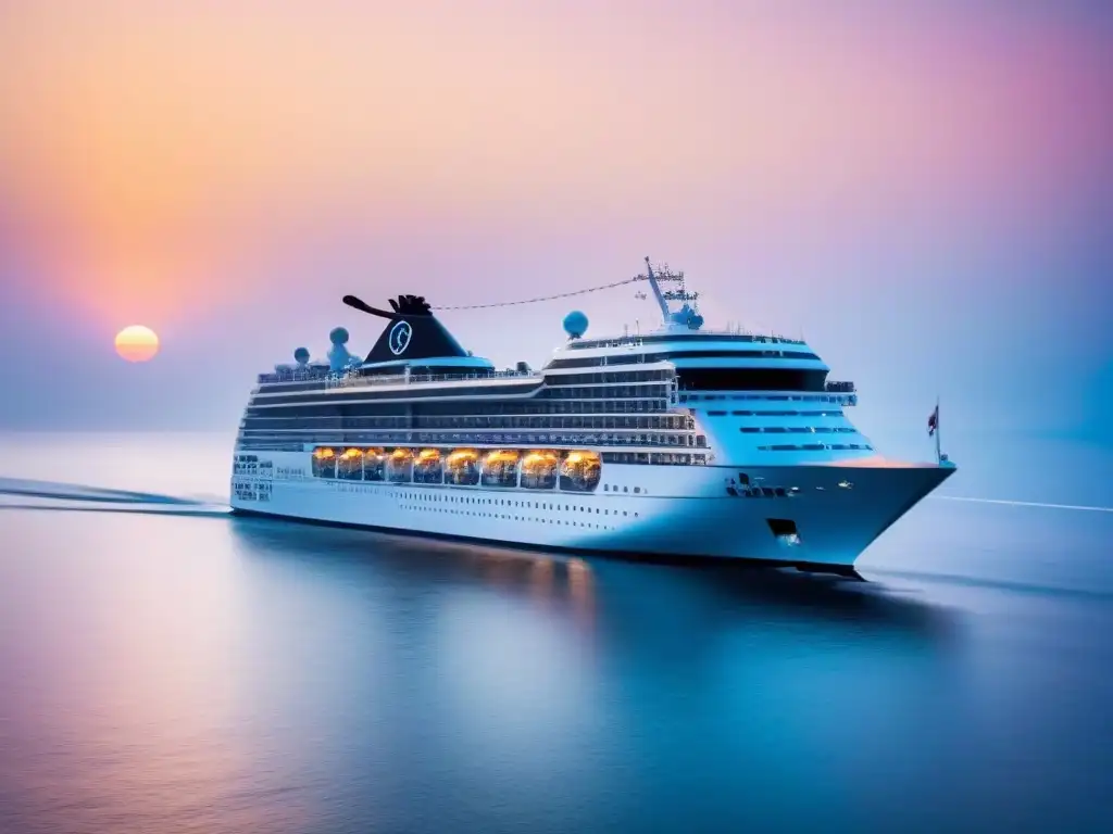 Un crucero de lujo por Asia navega serenamente al amanecer, reflejando sofisticación y calma en un paisaje marino vibrante