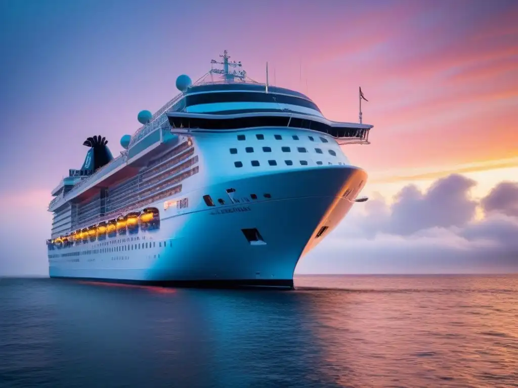 Un crucero de lujo con celebridades, navegando al atardecer en un mar sereno bajo cielos anaranjados y rosados