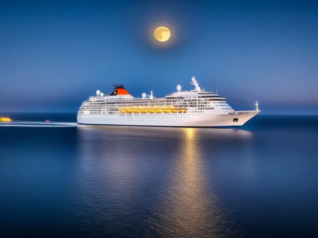 Un crucero de lujo con celebridades navega suavemente bajo un cielo estrellado, reflejando la luna en el mar