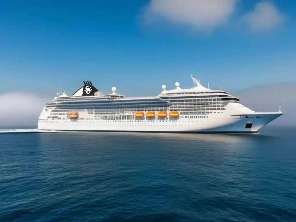 Un crucero de lujo navegando bajo un cielo azul, con olas suaves y gaviotas