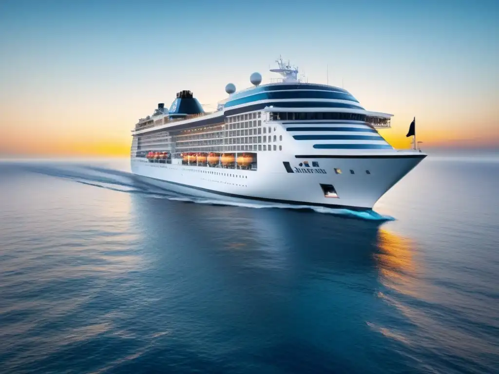 Un crucero de lujo navegando bajo un cielo azul, con líneas elegantes y diseño moderno