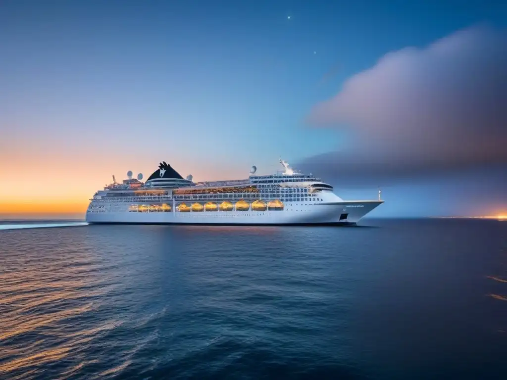 Un crucero de lujo navegando bajo un cielo estrellado en aguas tranquilas, creando una escena elegante y relajante