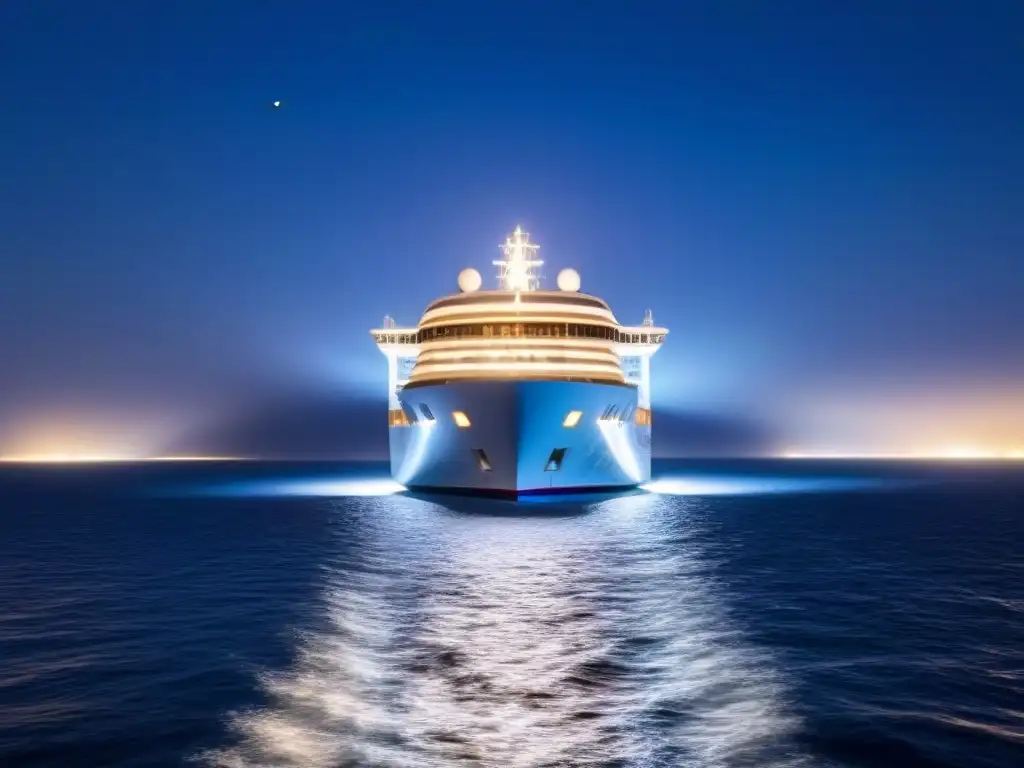 Un crucero de lujo navegando bajo un cielo estrellado, con diseño elegante y luces iluminando la cubierta