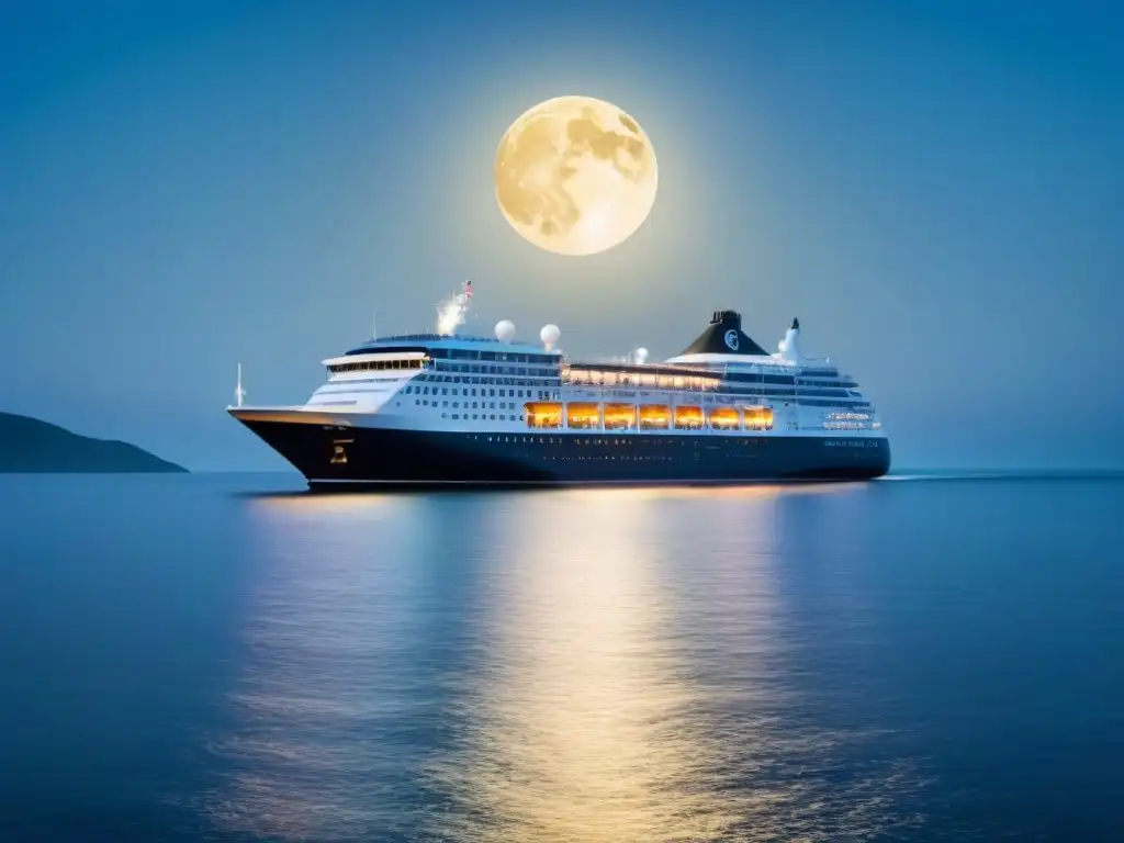 Un crucero de lujo navegando bajo un cielo estrellado y la luna brillante reflejándose en el mar tranquilo