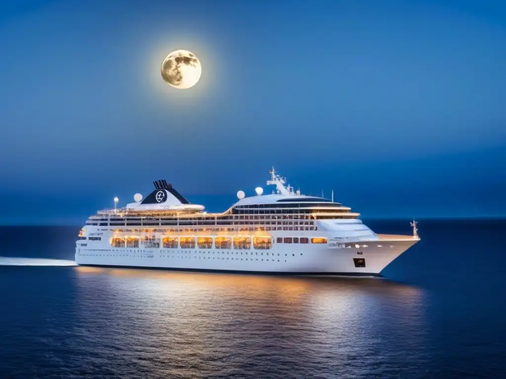 Un crucero de lujo navegando bajo un cielo estrellado, reflejando la luna en aguas tranquilas