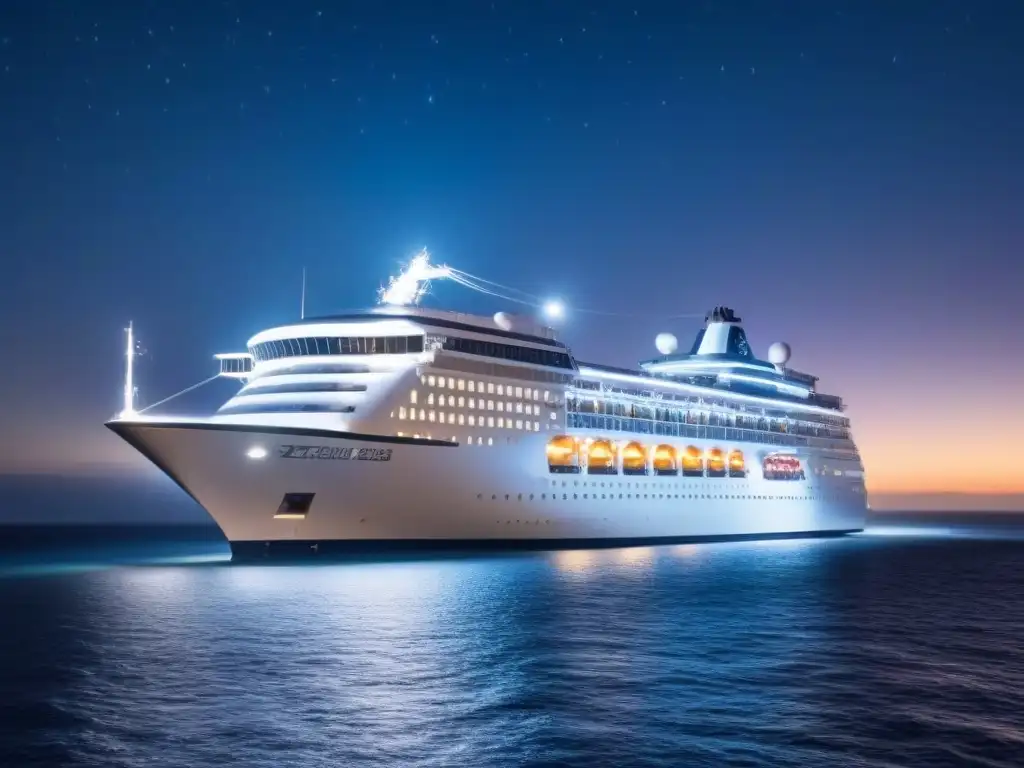 Crucero de lujo navegando bajo el cielo estrellado, con luces brillantes en el mar oscuro