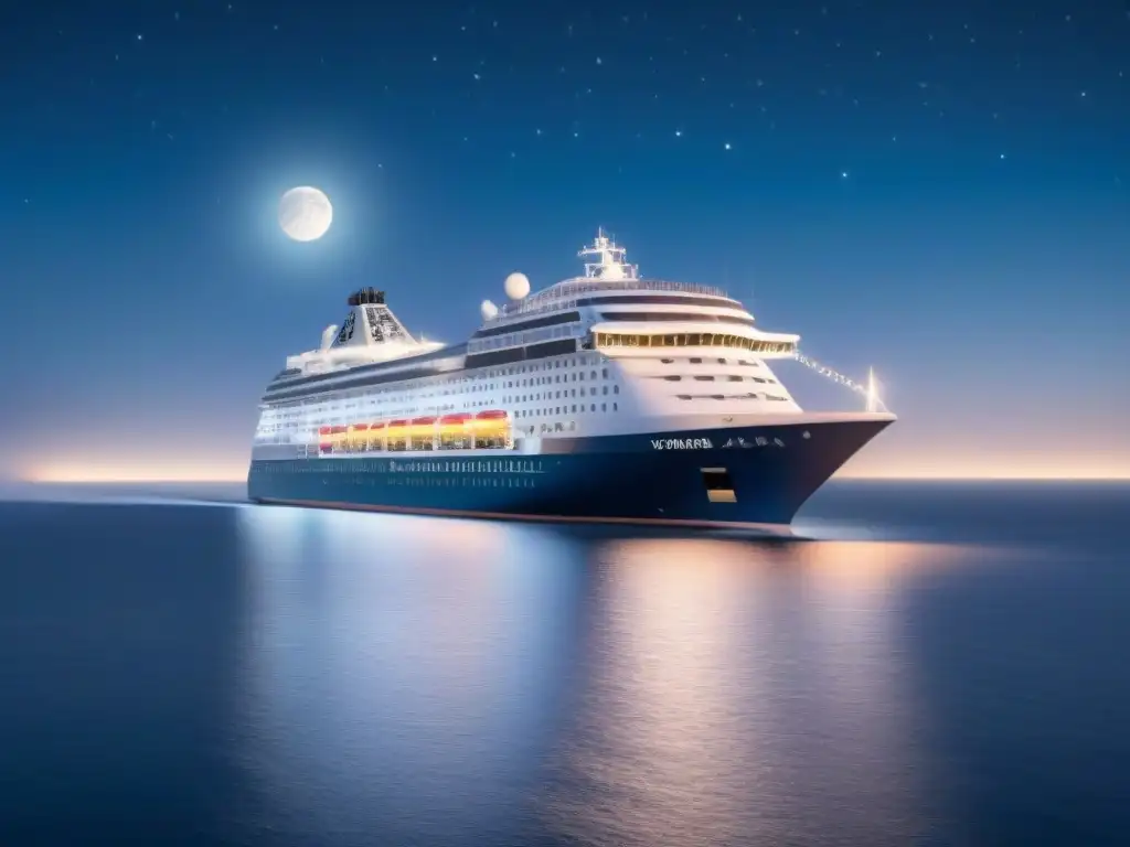 Un crucero de lujo navega bajo un cielo estrellado y la luna llena, evocando exclusividad y tranquilidad