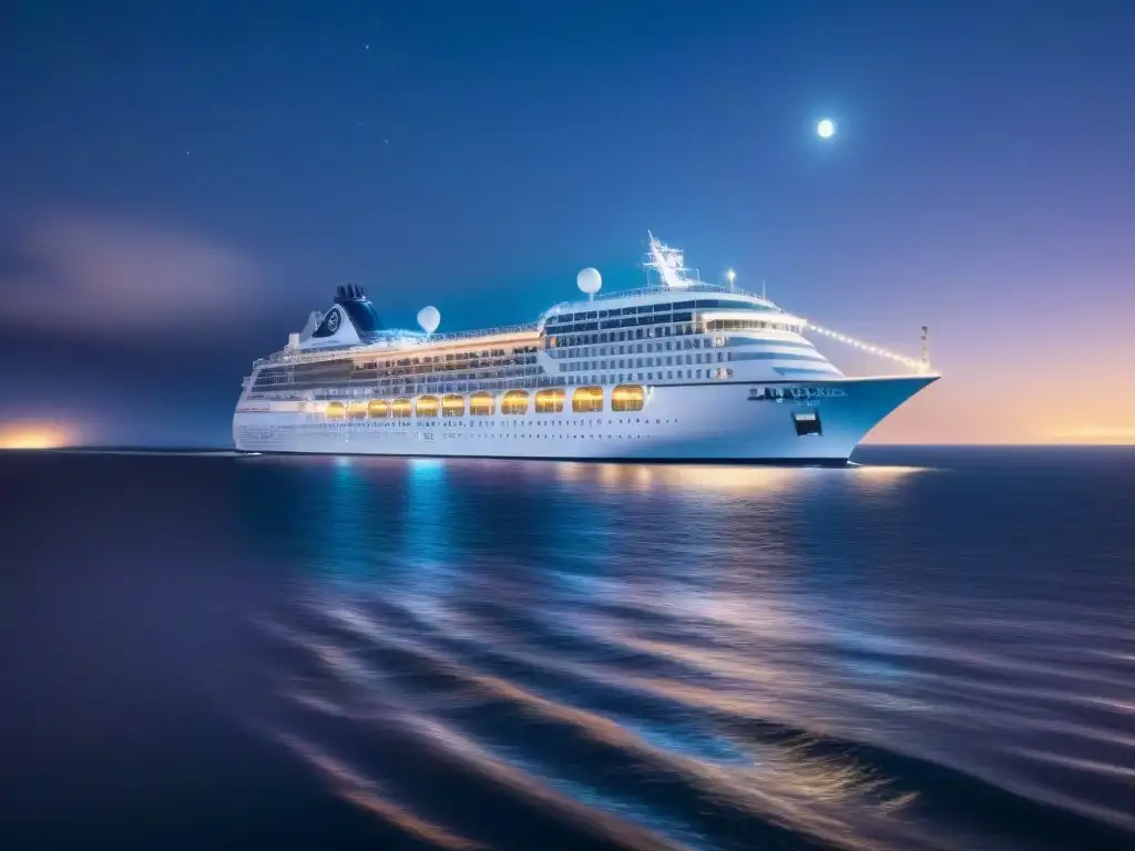 Un crucero de lujo navega bajo un cielo estrellado, reflejando la luz de la luna en el mar tranquilo, fusionando arte, creatividad y aventura