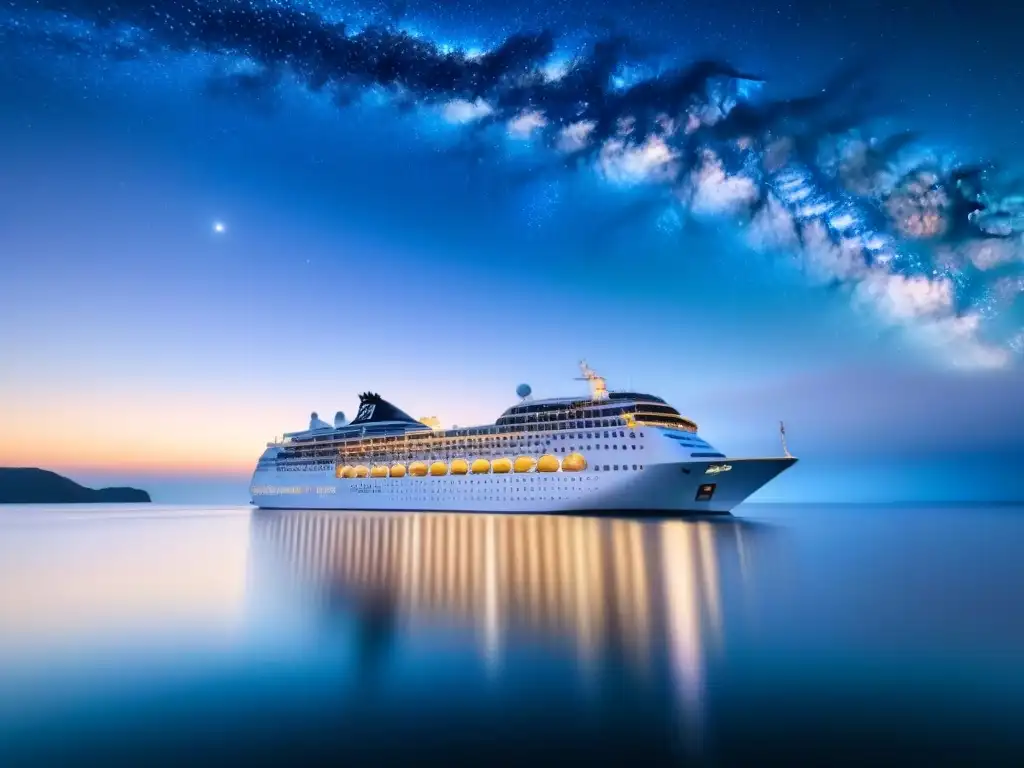 Un crucero de lujo navega bajo un cielo estrellado y la Vía Láctea, transmitiendo la calma y la magia de los cruceros turísticos