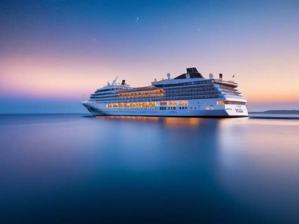 Un crucero de lujo Viking navegando bajo un cielo estrellado, con luces brillantes sobre aguas tranquilas