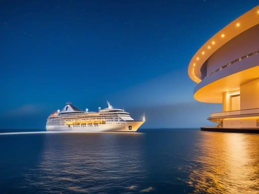 Un crucero de lujo navega bajo un cielo estrellado sobre el mar, destacando la analítica en cruceros marítimos