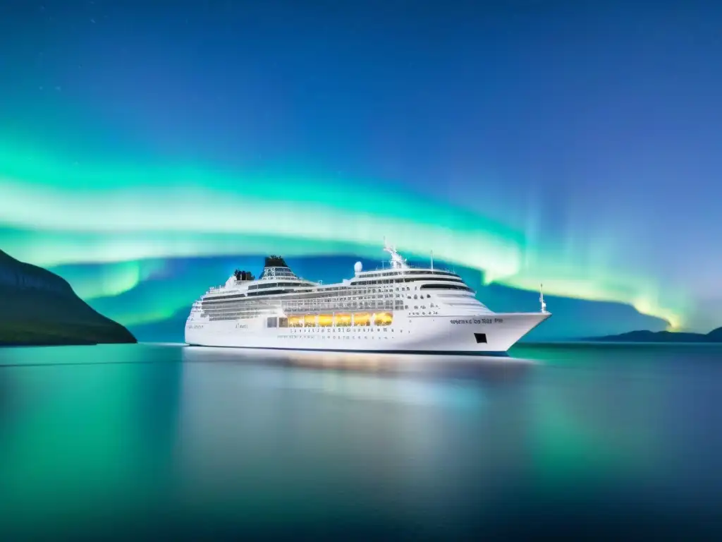 Un crucero de lujo navega bajo un cielo estrellado y auroras boreales, ideal para 'Cruceros temáticos para pasiones'