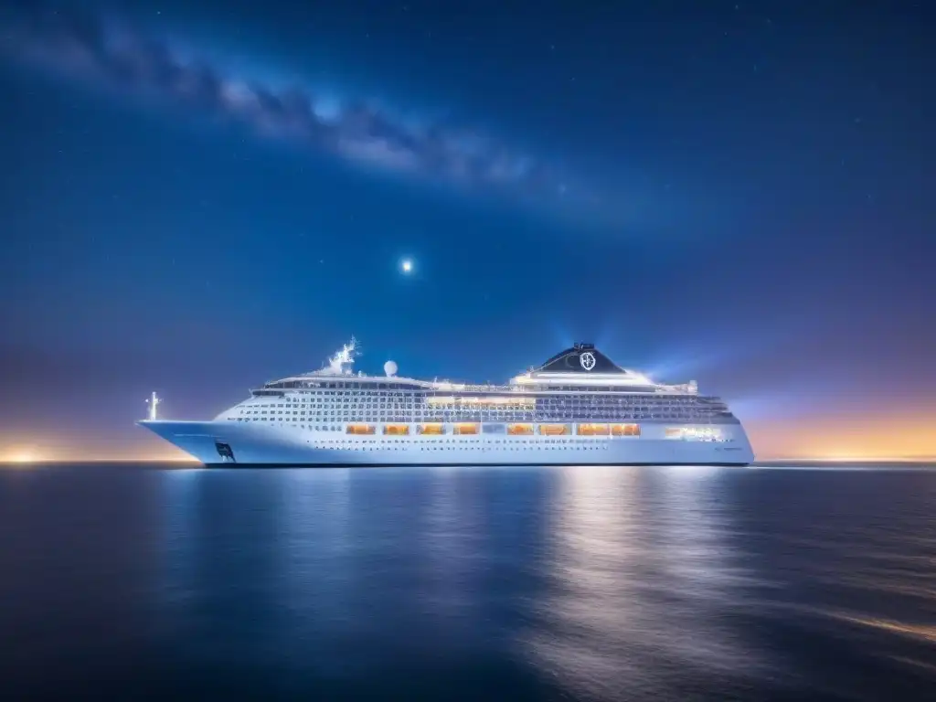 Un crucero de lujo navegando bajo un cielo estrellado, con diseño moderno y luz ambiental suave