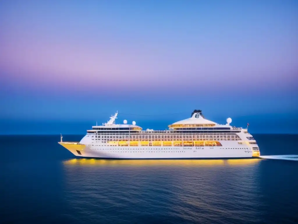 Un crucero de lujo navegando bajo un cielo estrellado, con la luz de la luna reflejada en el mar, ideal para itinerarios de crucero románticos