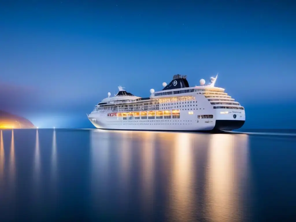 Un crucero de lujo navega bajo un cielo estrellado, iluminando el mar en una escapada romántica