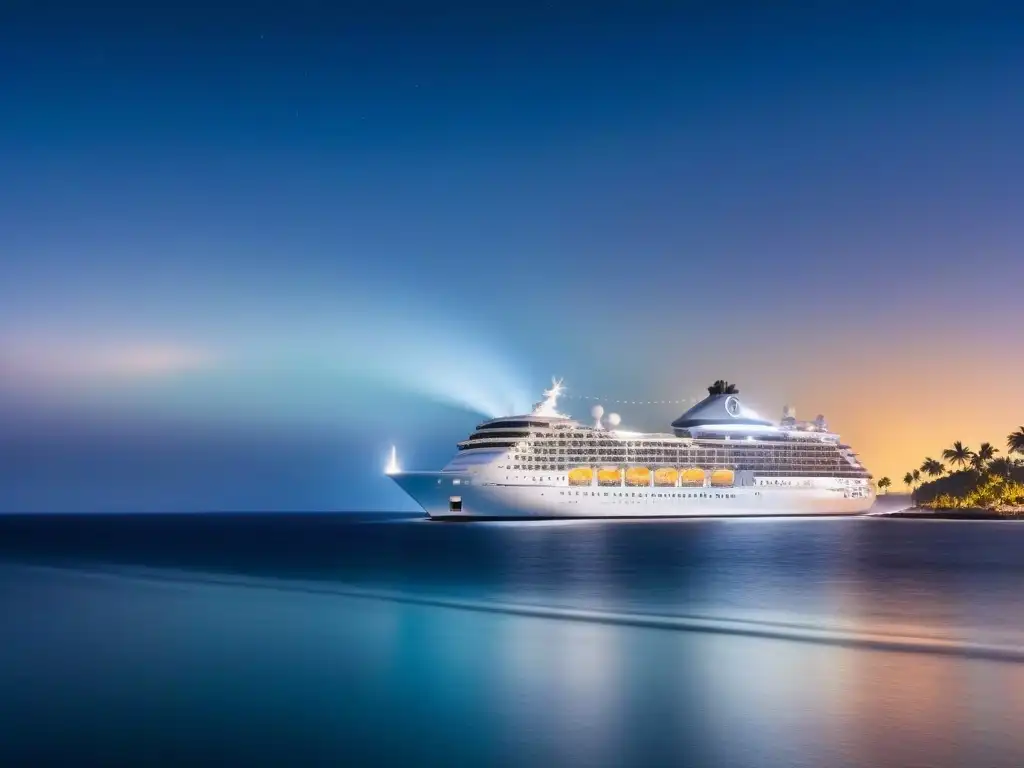 Un crucero de lujo navegando bajo un cielo estrellado, con agua cristalina y palmeras en una isla tropical