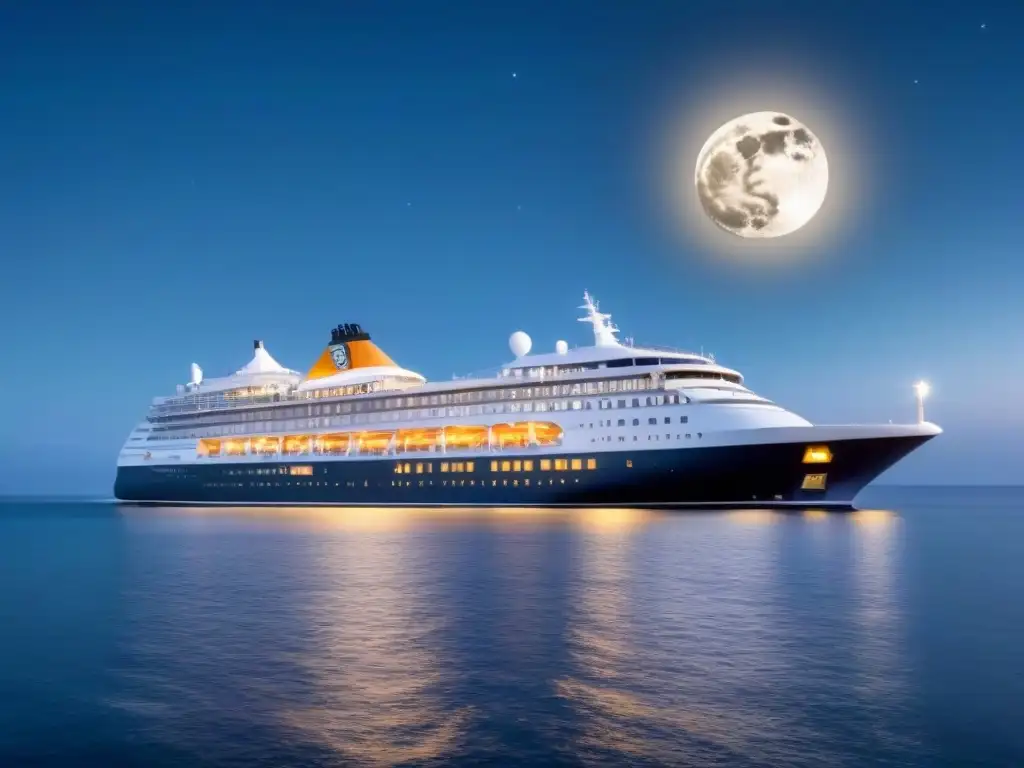 Un crucero de lujo navegando bajo un cielo estrellado y la luna brillante sobre aguas calmadas