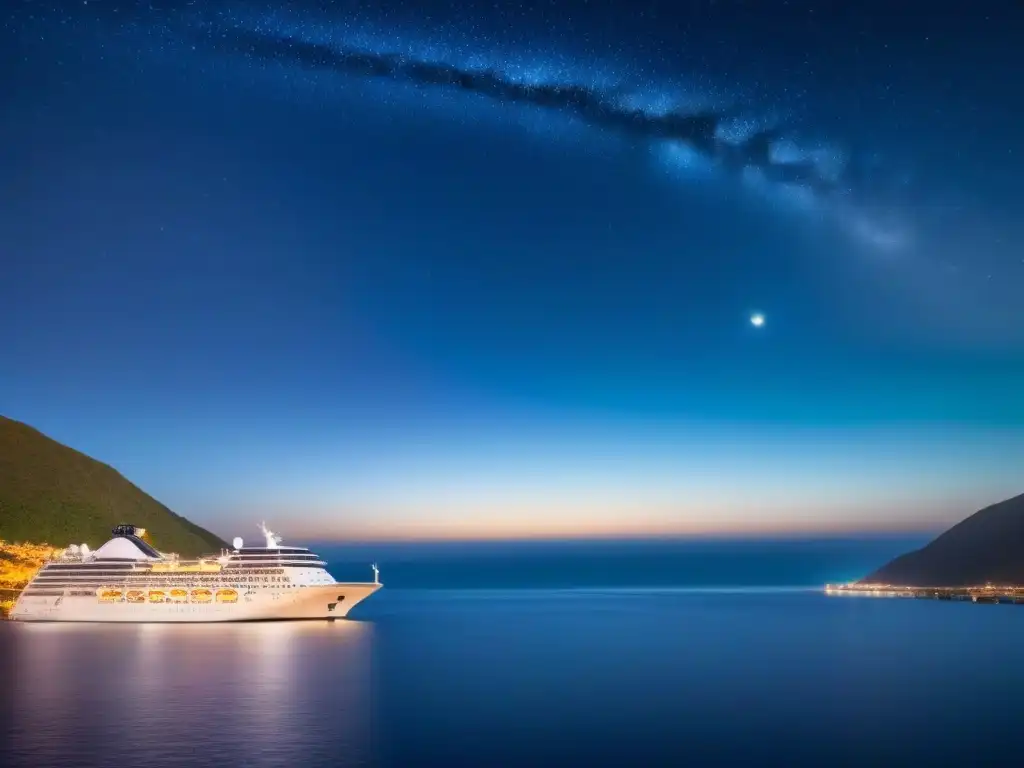 Un crucero de lujo navegando bajo un cielo estrellado, reflejando la luna en el mar