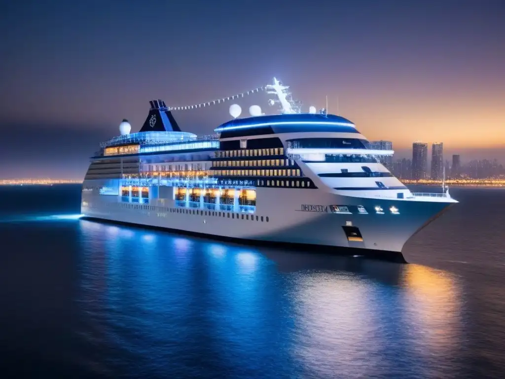 Crucero de lujo navegando bajo un cielo estrellado, con una elegante silueta blanca y luces cálidas, ideal para ofertas de última hora cruceros