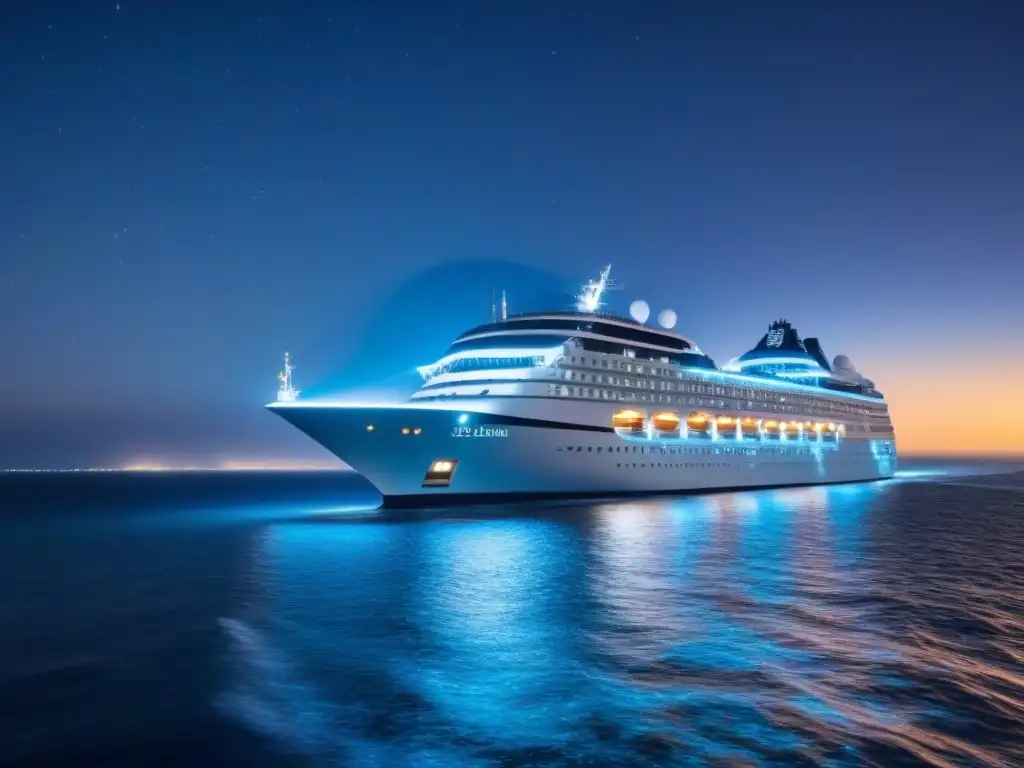 Un crucero de lujo navegando bajo un cielo estrellado, reflejando la luz de la luna en aguas cristalinas