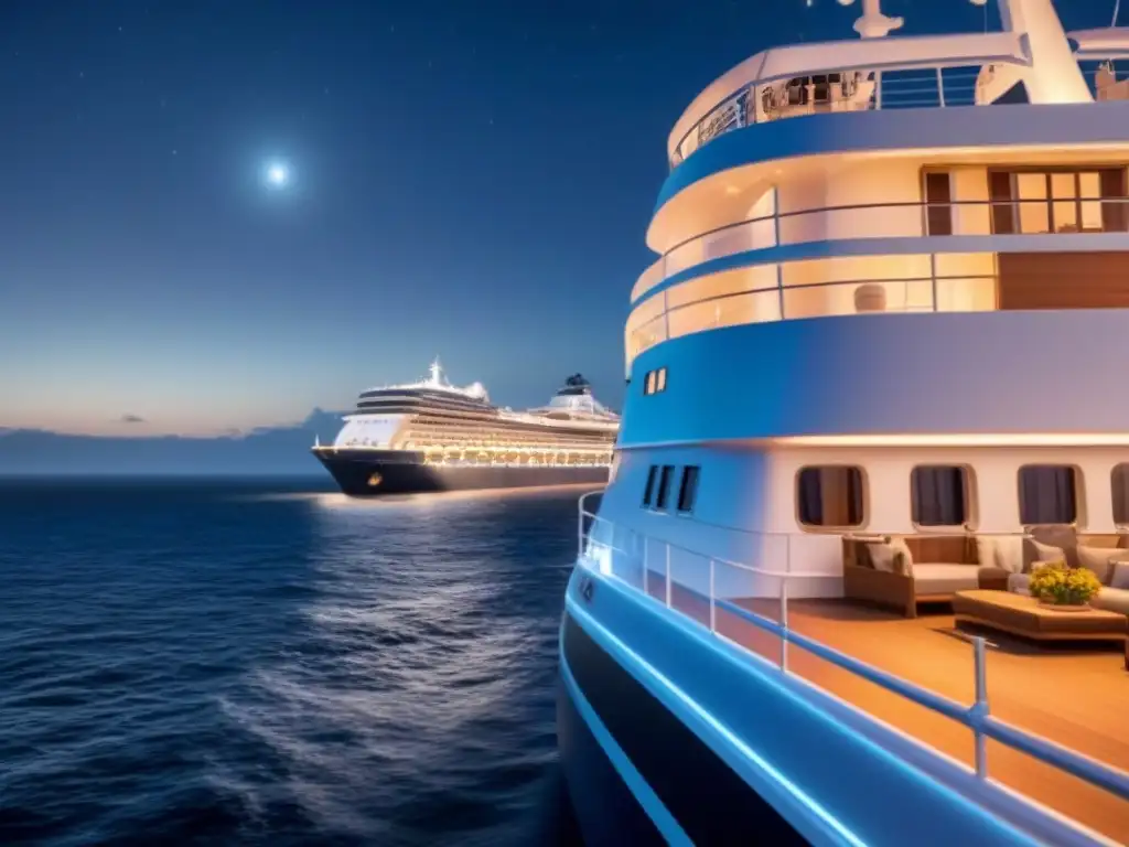 Un crucero de lujo navegando bajo un cielo estrellado, con las luces brillantes del barco reflejándose en el mar oscuro