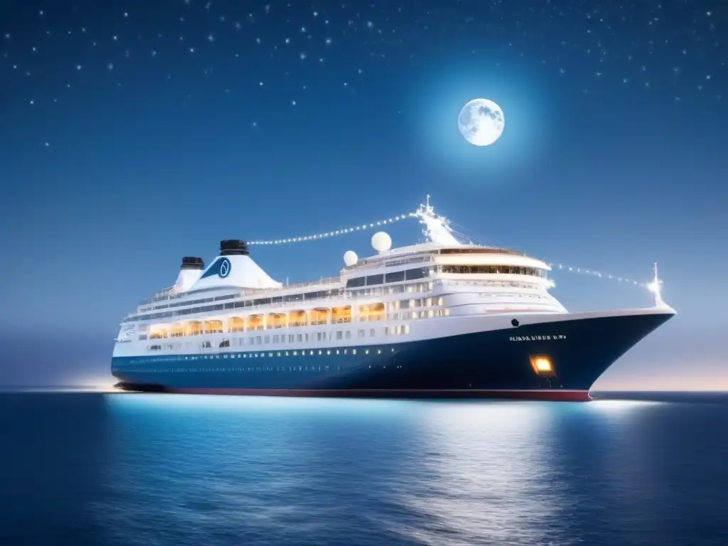 Crucero de lujo bajo la luna: ilustración minimalista Un crucero de lujo navegando bajo un cielo estrellado, iluminado por la luna