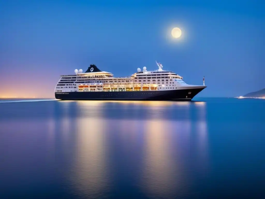 Crucero de lujo bajo cielo estrellado, con su elegante silueta iluminada por la luna