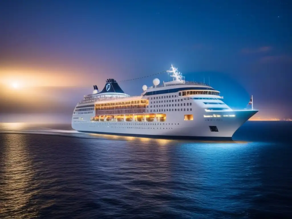 Un crucero de lujo bajo un cielo estrellado, reflejos dorados en el mar, ambiente sereno