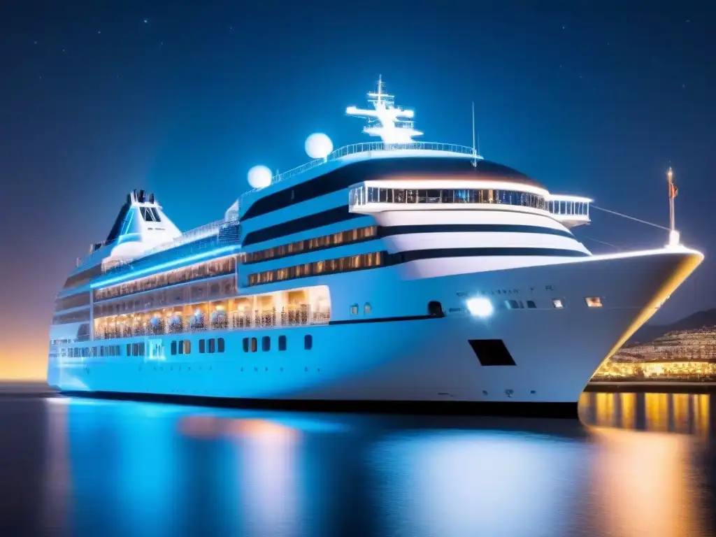 Crucero de lujo bajo un cielo estrellado, elegante y exclusivo, reflejando la esencia de Ofertas última hora cruceros lujo